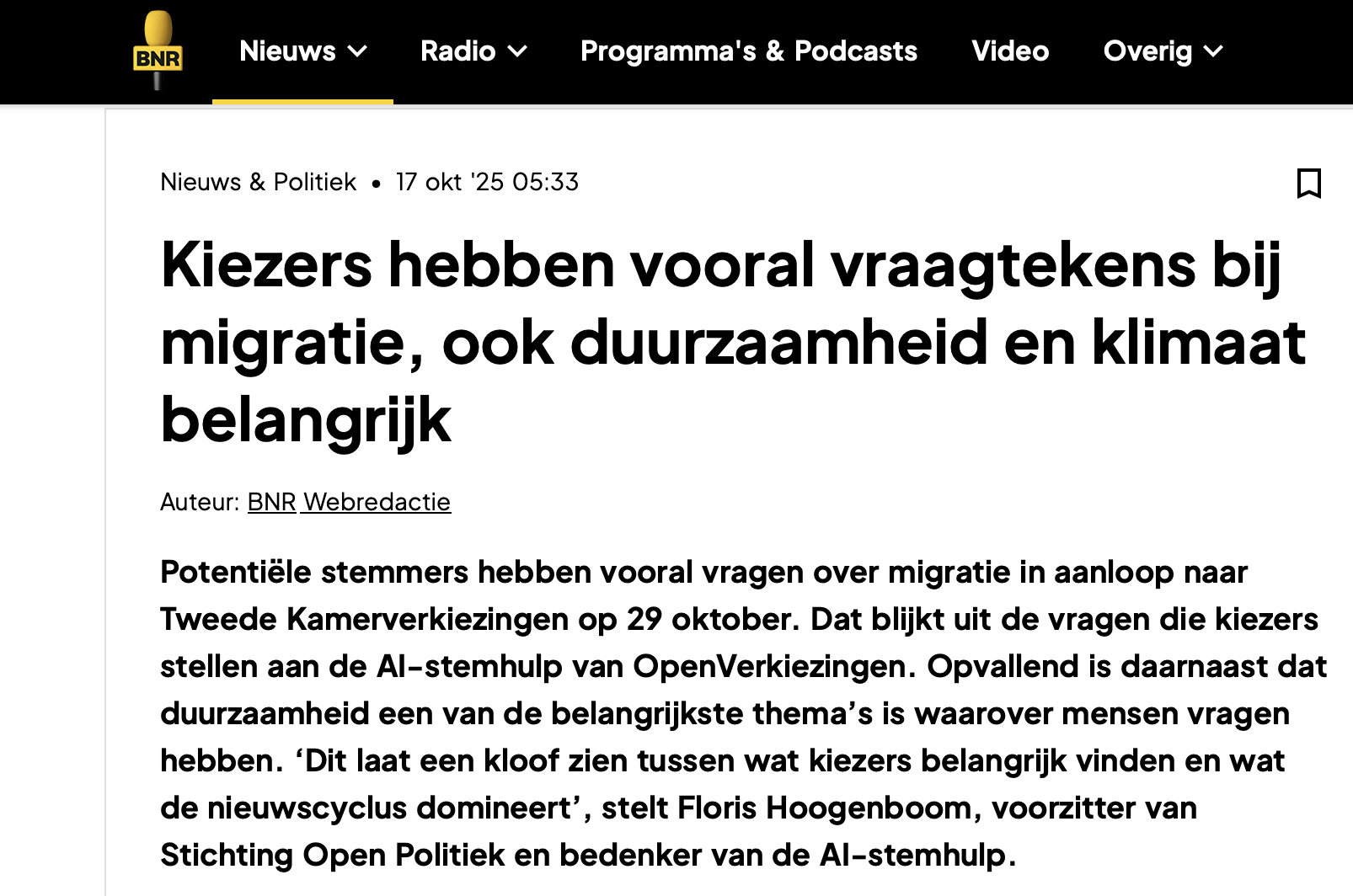 BNR publiceert over de belangrijkste kiezersthema's op basis van data van OpenVerkiezingen.nl