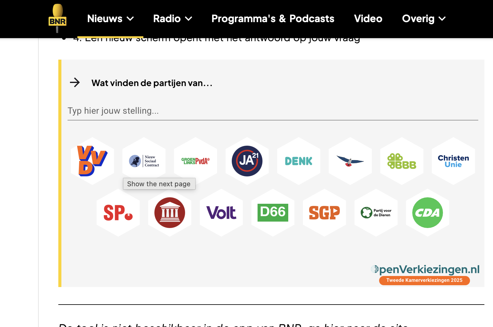 BNR gebruikt de OpenVerkiezingen.nl-widget op hun site voor kiezers die een stemhulp zoeken