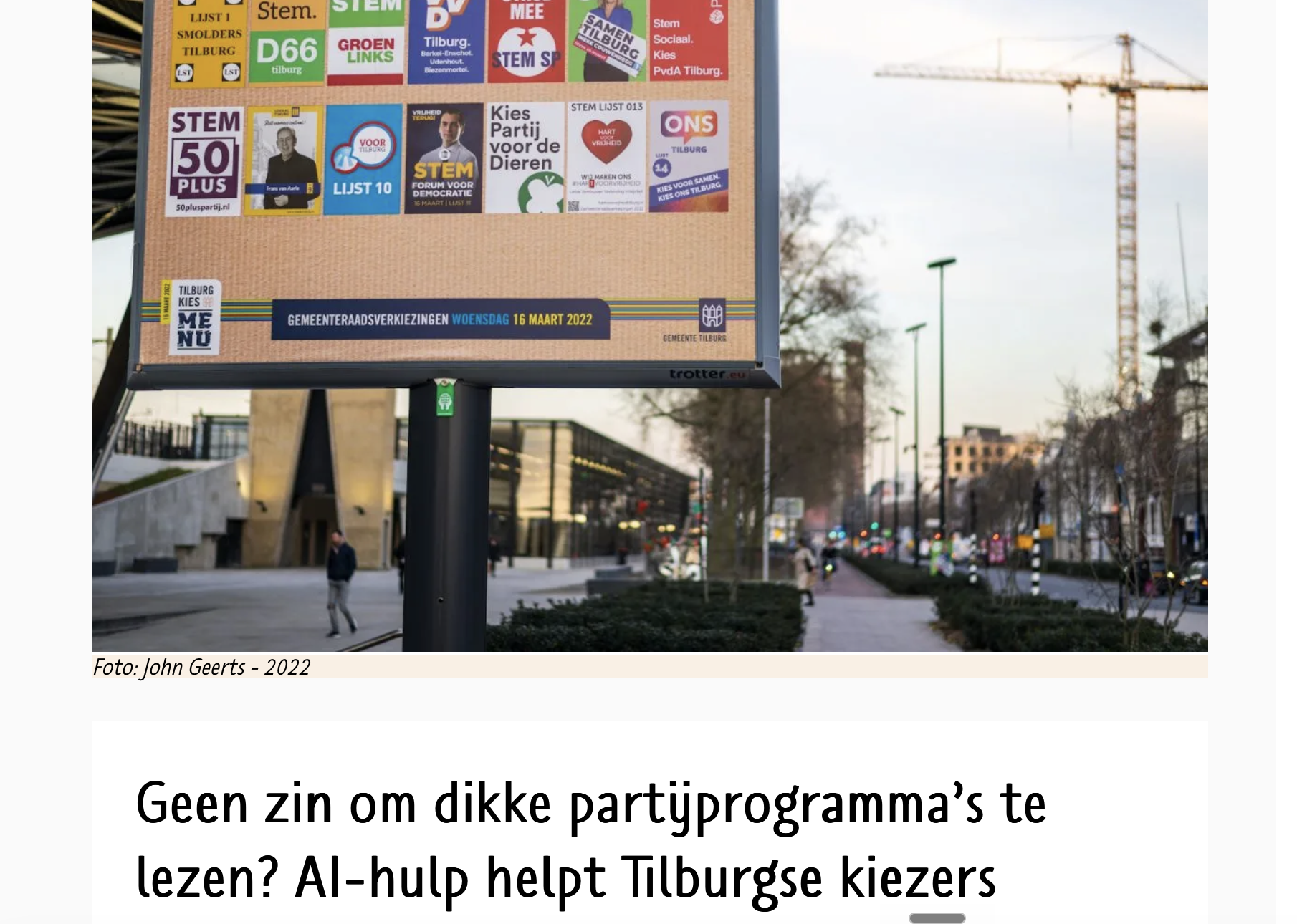 Tilburgers.nl bericht over de lancering van AI-stemhulp OpenVerkiezingen.nl voor de Tilburgse gemeenteraadsverkiezingen